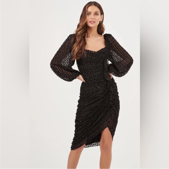 ASTR The Label Athens Ruched Long Puffed Sleeve Dress in Black Burnout - Picture 2 of 6